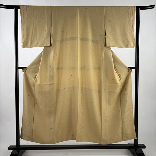【美品】 小紋 身長154cm 袖長61.5cm S 雙層 落款 花 地紋 金絲 米色 純蠶絲 優品級