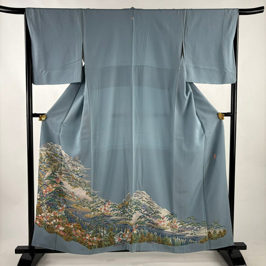 色留袖禮服 身長158.5cm 袖長65.5cm M 雙層 落款有 松樹梅花 建物 漸層 水藍 純蠶絲 秀品級 一個紋