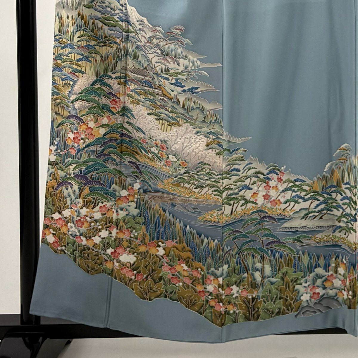 色留袖禮服 身長158.5cm 袖長65.5cm M 雙層 落款有 松樹梅花 建物 漸層 水藍 純蠶絲 秀品級 一個紋