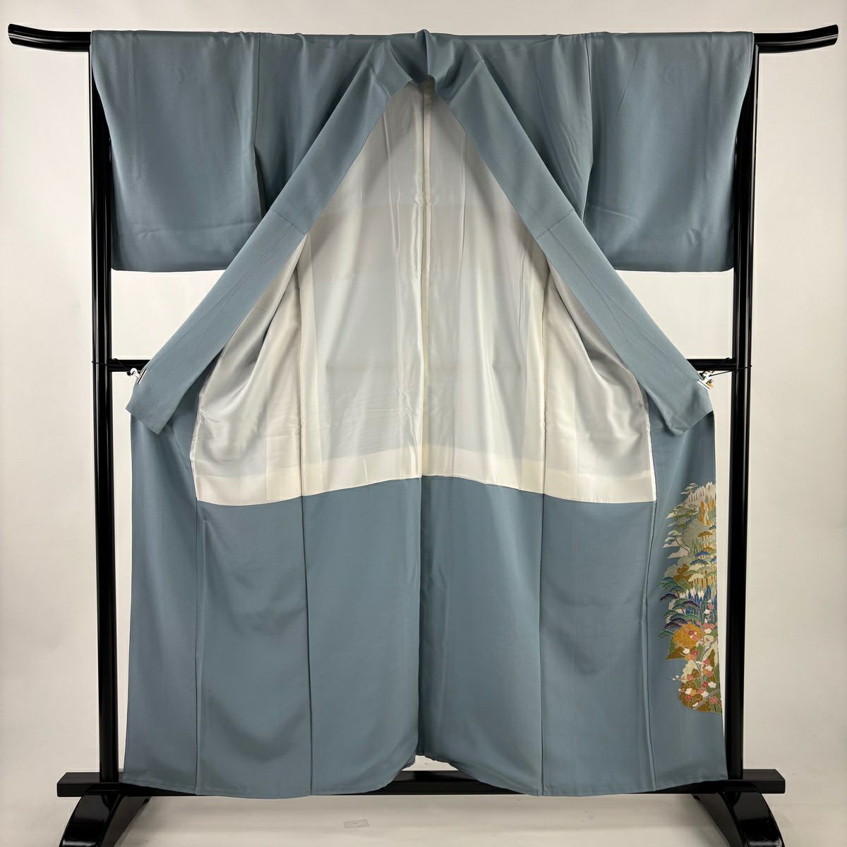 色留袖禮服 身長158.5cm 袖長65.5cm M 雙層 落款有 松樹梅花 建物 漸層 水藍 純蠶絲 秀品級 一個紋
