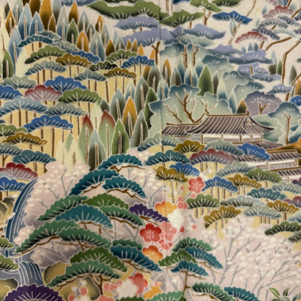 色留袖禮服 身長158.5cm 袖長65.5cm M 雙層 落款有 松樹梅花 建物 漸層 水藍 純蠶絲 秀品級 一個紋