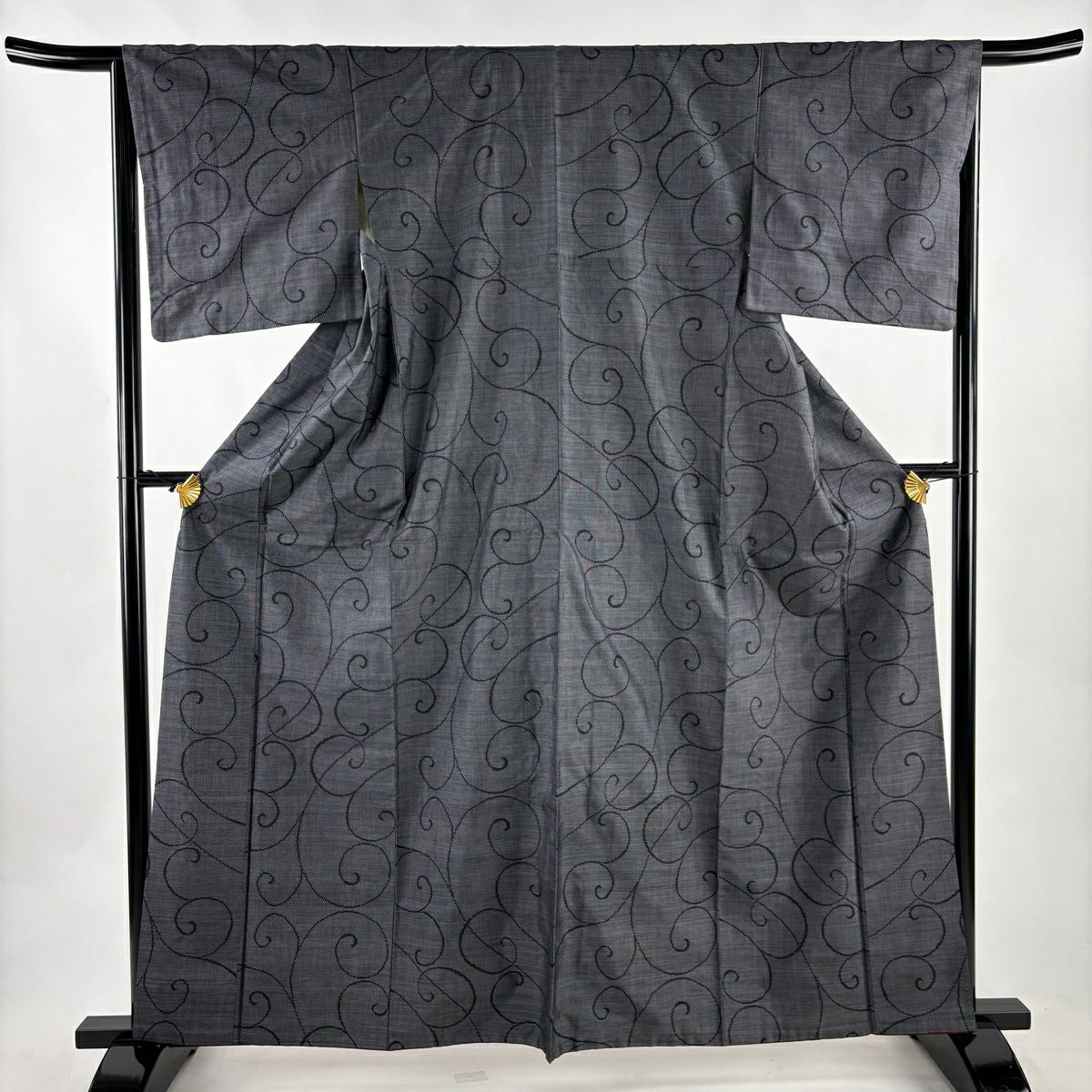 【美品】 紬織織 身長162.5cm 袖長65.5cm M 雙層 唐草紋 深藍 純蠶絲 秀品級