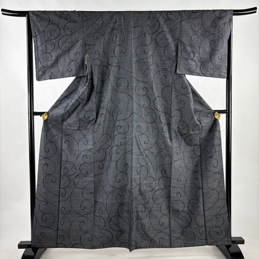 【美品】 紬織織 身長162.5cm 袖長65.5cm M 雙層 唐草紋 深藍 純蠶絲 秀品級