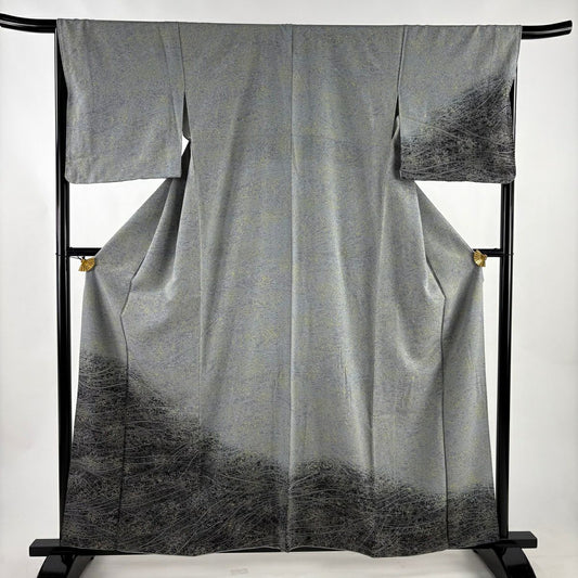 【美品】 付下 身長160.5cm 袖長65.5cm M 雙層 芝枝葉 染分 灰色 純蠶絲 秀品級