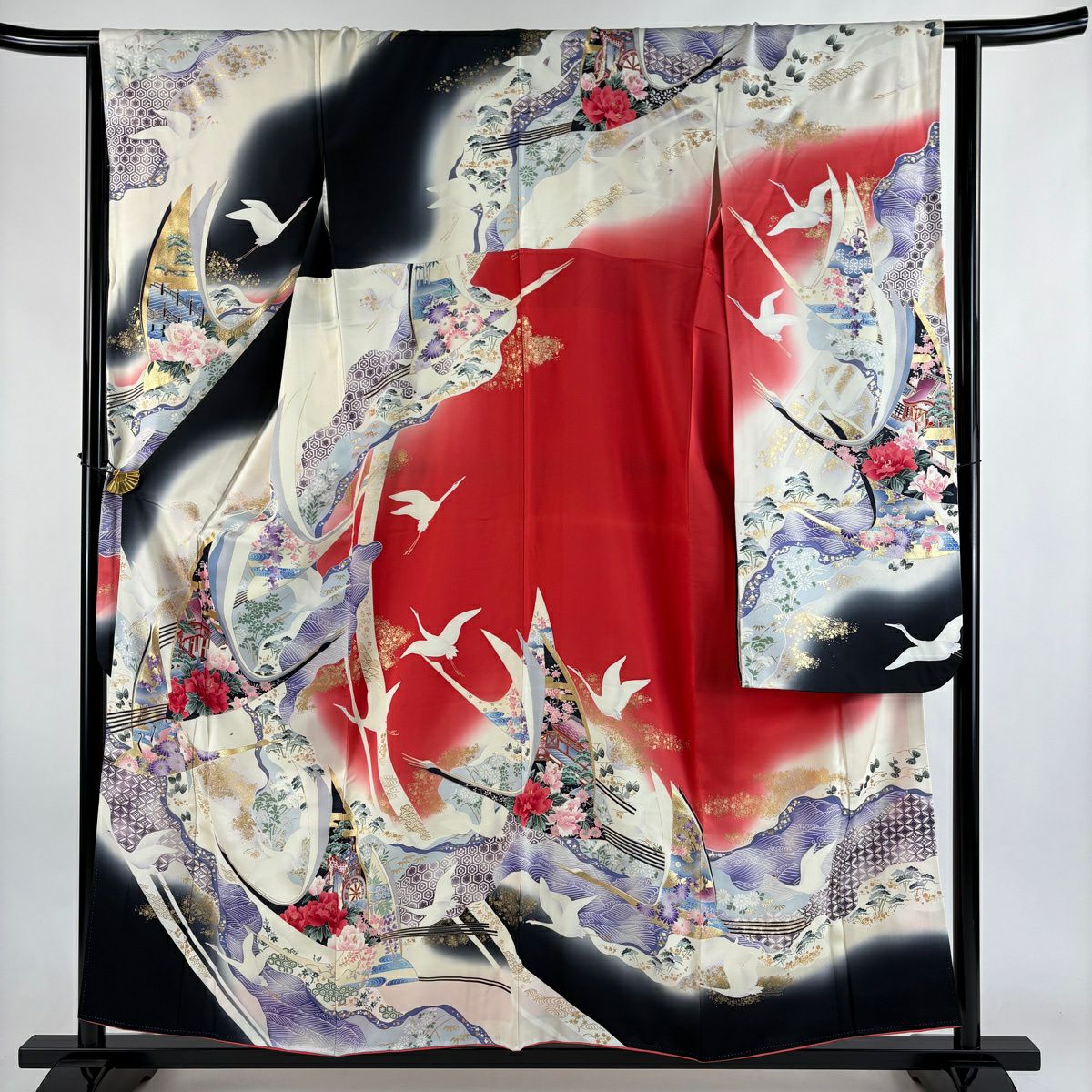 振袖禮服 身長156.5cm 袖長63.5cm S 雙層 草花紋紋 仙鶴 奶油色 純蠶絲 優品級