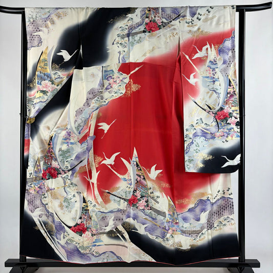 振袖禮服 身長156.5cm 袖長63.5cm S 雙層 草花紋紋 仙鶴 奶油色 純蠶絲 優品級