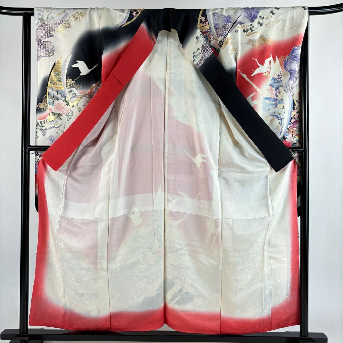 振袖禮服 身長156.5cm 袖長63.5cm S 雙層 草花紋紋 仙鶴 奶油色 純蠶絲 優品級