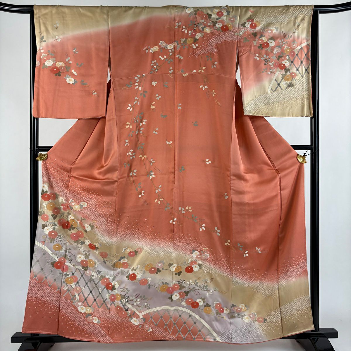 訪問服 身長159cm 袖長65.5cm M 雙層 菊花 光悅垣 金銀彩 絞染 鮭粉色 純蠶絲 秀品級 一つ紋