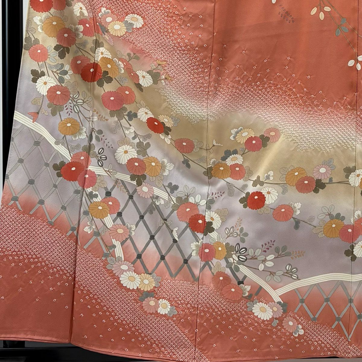 訪問服 身長159cm 袖長65.5cm M 雙層 菊花 光悅垣 金銀彩 絞染 鮭粉色 純蠶絲 秀品級 一つ紋