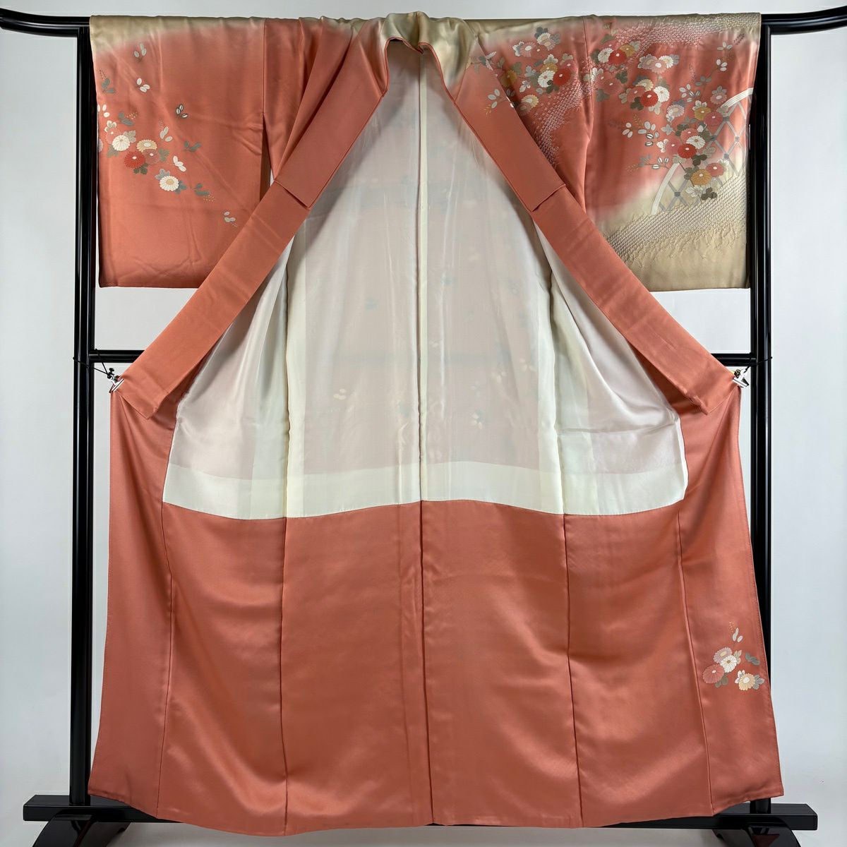 訪問服 身長159cm 袖長65.5cm M 雙層 菊花 光悅垣 金銀彩 絞染 鮭粉色 純蠶絲 秀品級 一つ紋