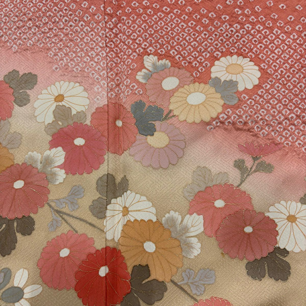 訪問服 身長159cm 袖長65.5cm M 雙層 菊花 光悅垣 金銀彩 絞染 鮭粉色 純蠶絲 秀品級 一つ紋