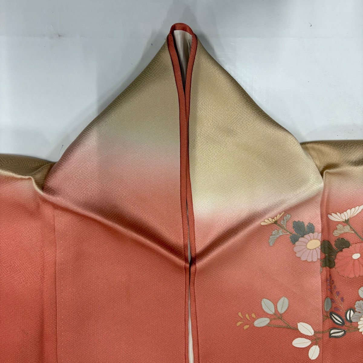 訪問服 身長159cm 袖長65.5cm M 雙層 菊花 光悅垣 金銀彩 絞染 鮭粉色 純蠶絲 秀品級 一つ紋
