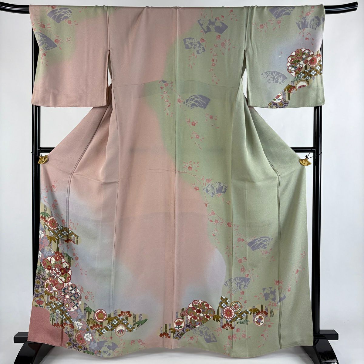 訪問服 身長164.5cm 袖長68.5cm L 雙層 松樹竹子梅花 草花紋紋 金彩裝飾 漸層 淡粉色 純蠶絲 優品級