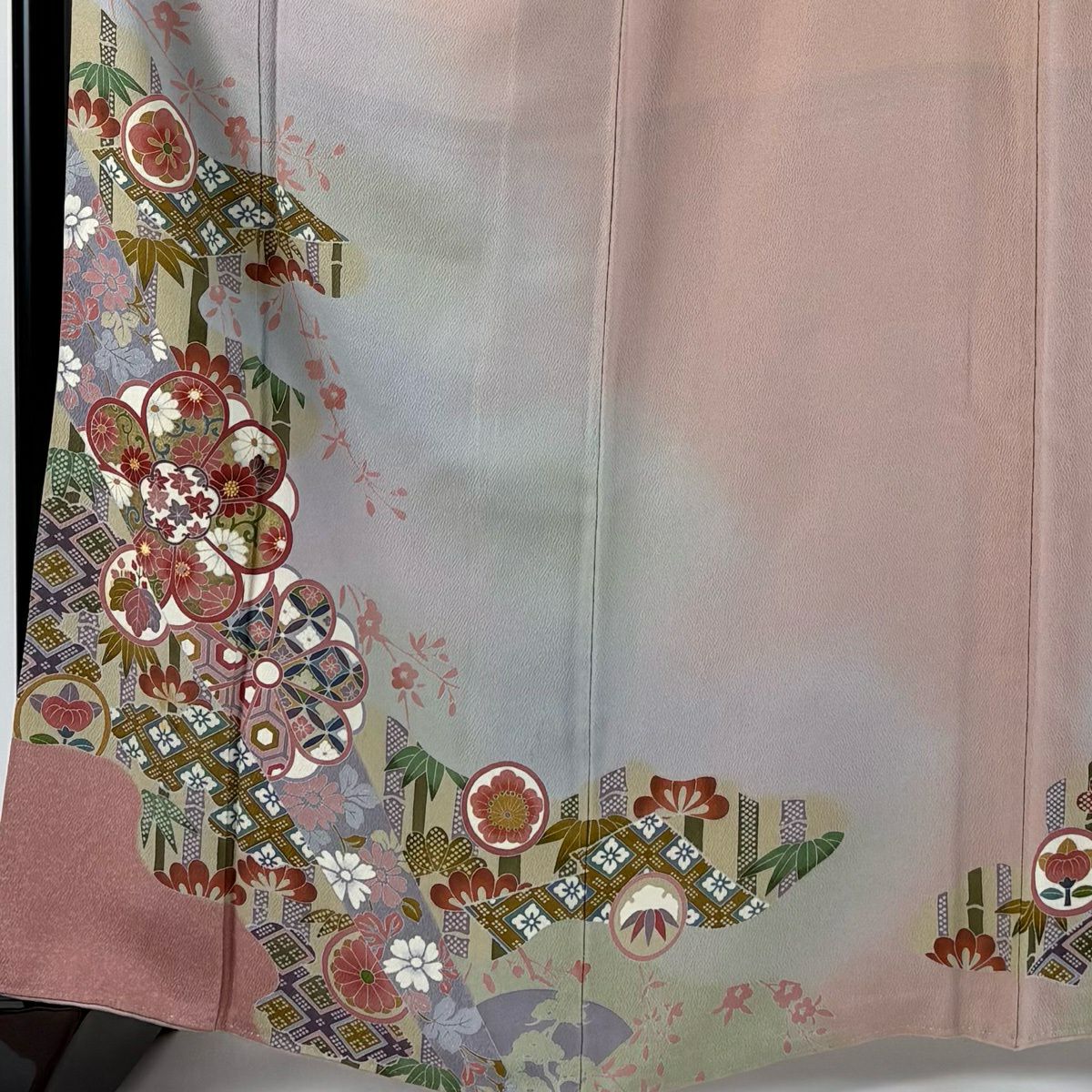 訪問服 身長164.5cm 袖長68.5cm L 雙層 松樹竹子梅花 草花紋紋 金彩裝飾 漸層 淡粉色 純蠶絲 優品級