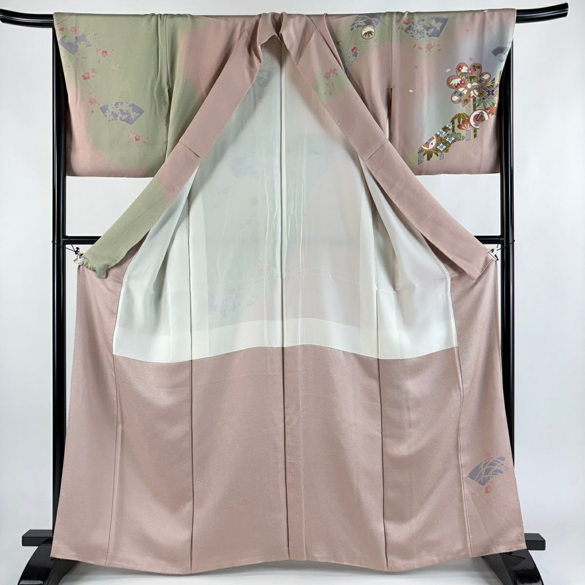 訪問服 身長164.5cm 袖長68.5cm L 雙層 松樹竹子梅花 草花紋紋 金彩裝飾 漸層 淡粉色 純蠶絲 優品級