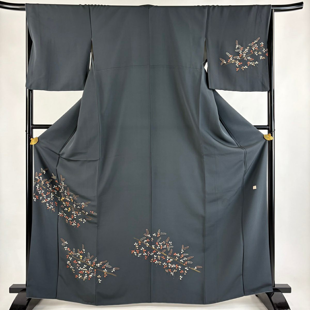 付下 身長166cm 袖長67cm M 雙層 落款有 萩 金絲 金銀彩 黑灰 純蠶絲 優品級