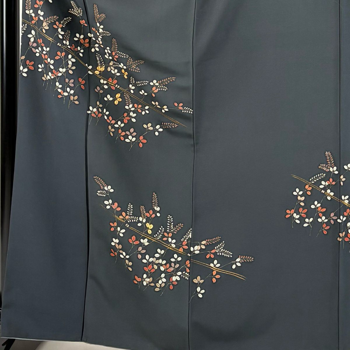 付下 身長166cm 袖長67cm M 雙層 落款有 萩 金絲 金銀彩 黑灰 純蠶絲 優品級