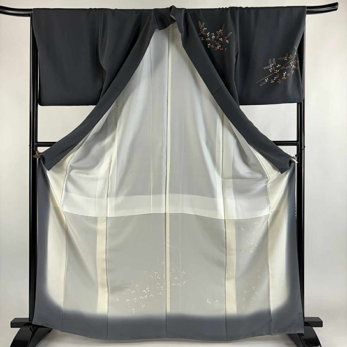 付下 身長166cm 袖長67cm M 雙層 落款有 萩 金絲 金銀彩 黑灰 純蠶絲 優品級