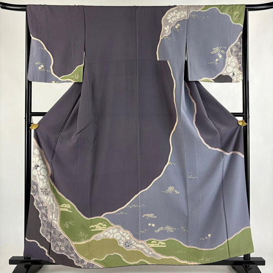 訪問服 身長159cm 袖長66cm M 雙層 草花紋紋 霞 金彩裝飾 紫 純蠶絲 秀品級
