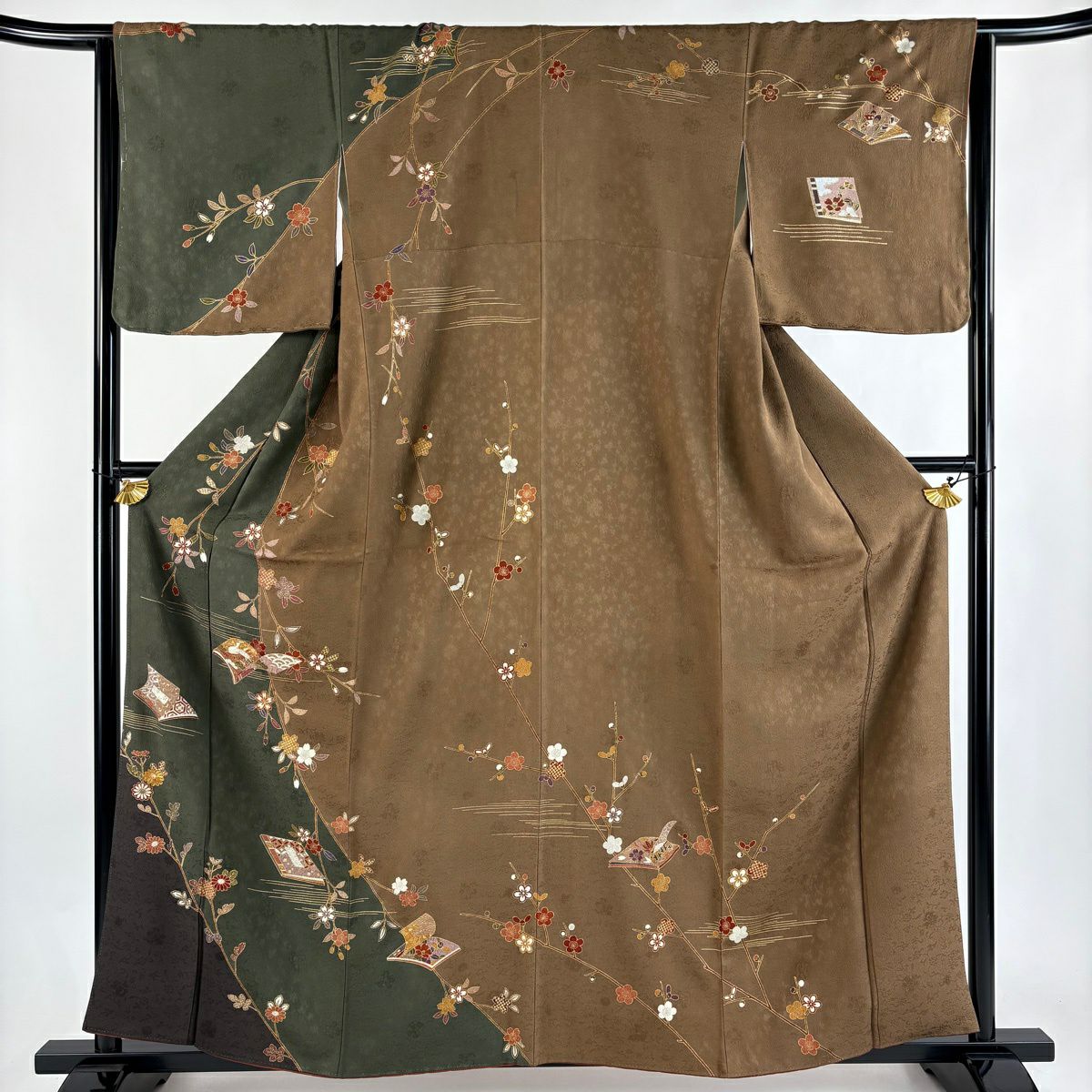 訪問服 身長160cm 袖長65cm M 雙層 枝垂櫻 冊子 金絲 金銀彩 深綠 純蠶絲 秀品級