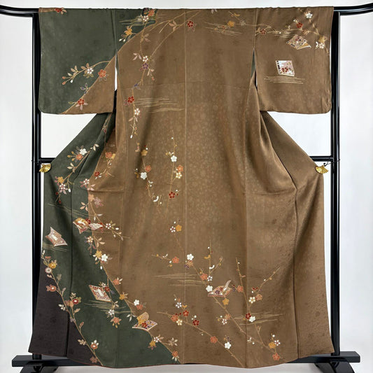 訪問服 身長160cm 袖長65cm M 雙層 枝垂櫻 冊子 金絲 金銀彩 深綠 純蠶絲 秀品級