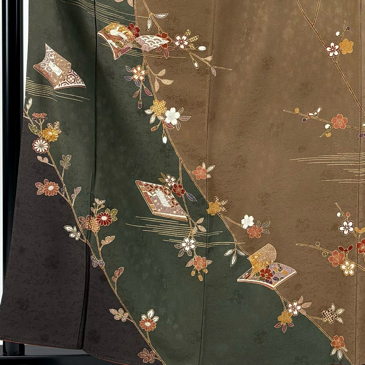 訪問服 身長160cm 袖長65cm M 雙層 枝垂櫻 冊子 金絲 金銀彩 深綠 純蠶絲 秀品級