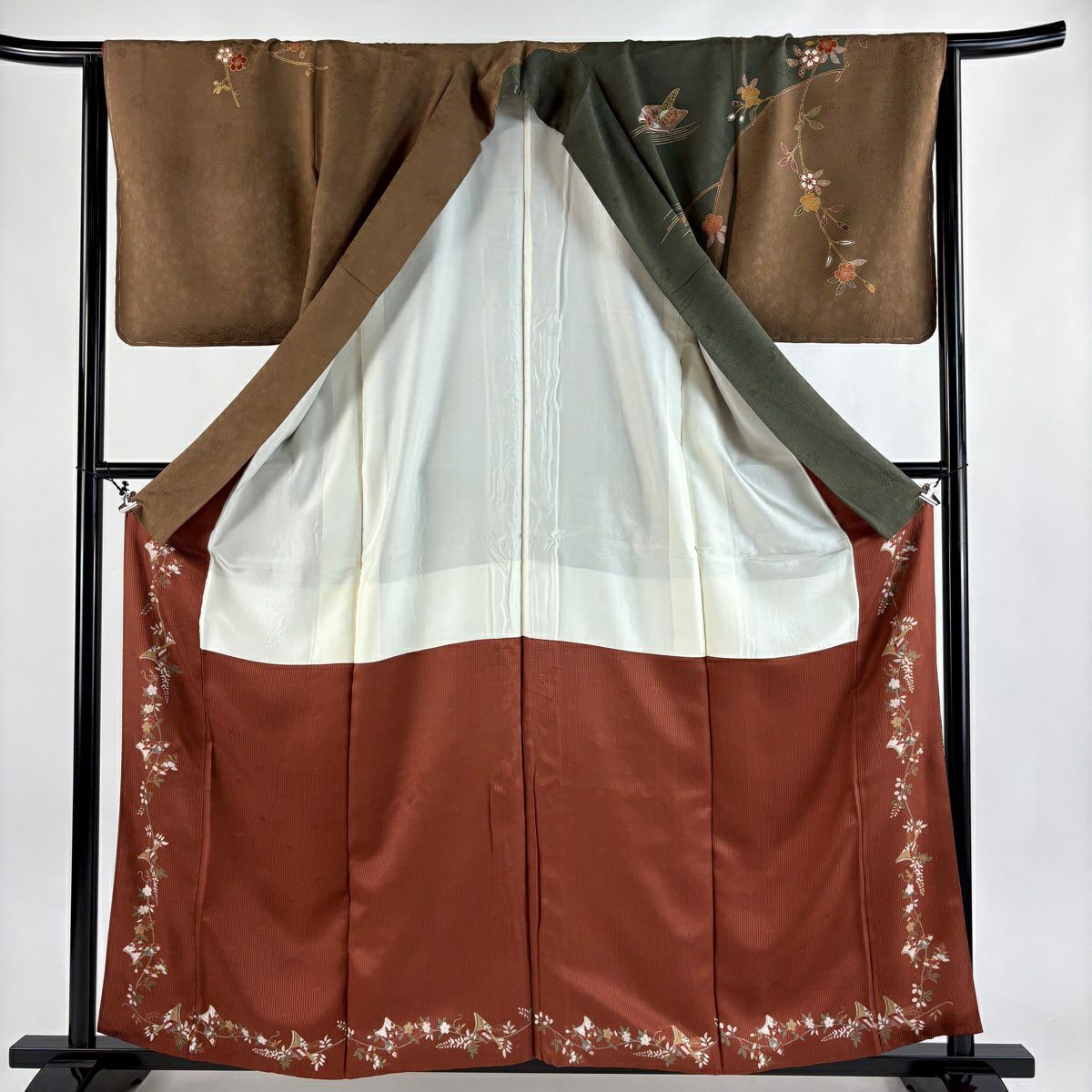 訪問服 身長160cm 袖長65cm M 雙層 枝垂櫻 冊子 金絲 金銀彩 深綠 純蠶絲 秀品級