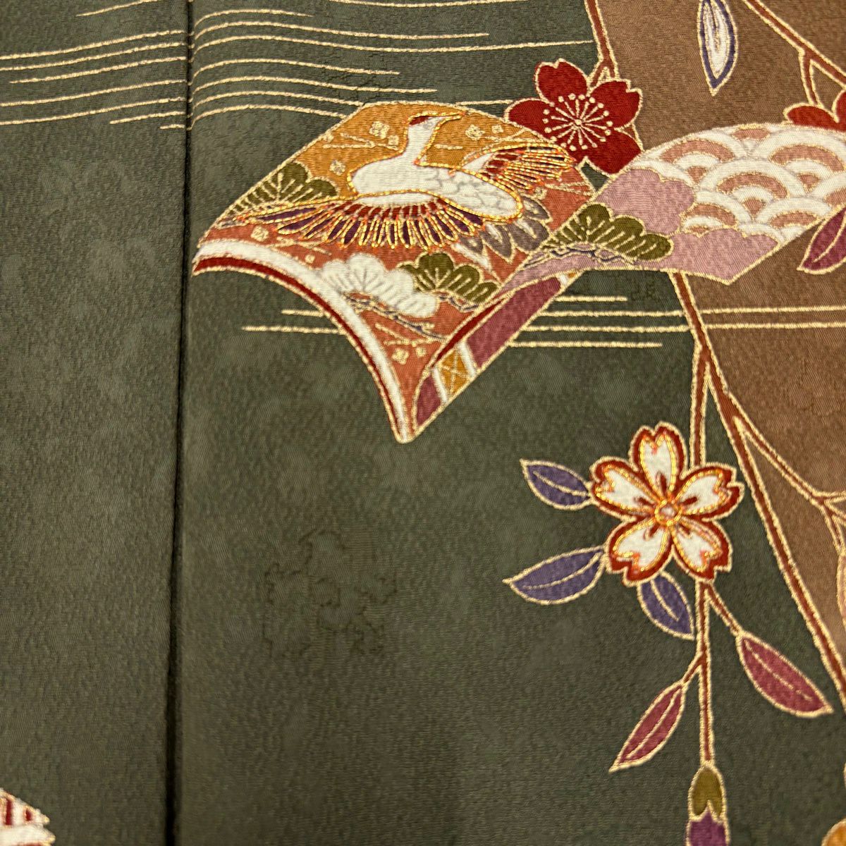 訪問服 身長160cm 袖長65cm M 雙層 枝垂櫻 冊子 金絲 金銀彩 深綠 純蠶絲 秀品級