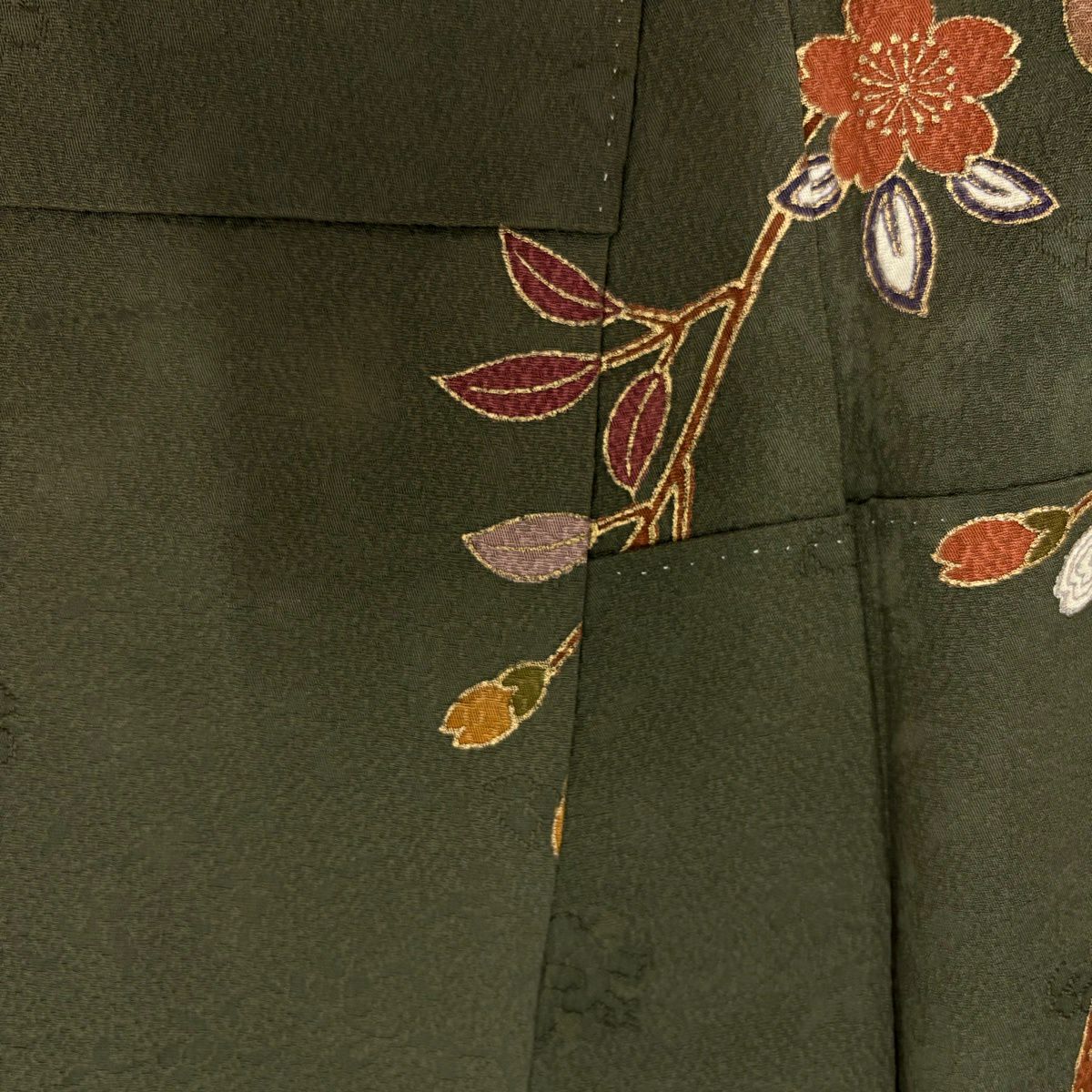 訪問服 身長160cm 袖長65cm M 雙層 枝垂櫻 冊子 金絲 金銀彩 深綠 純蠶絲 秀品級