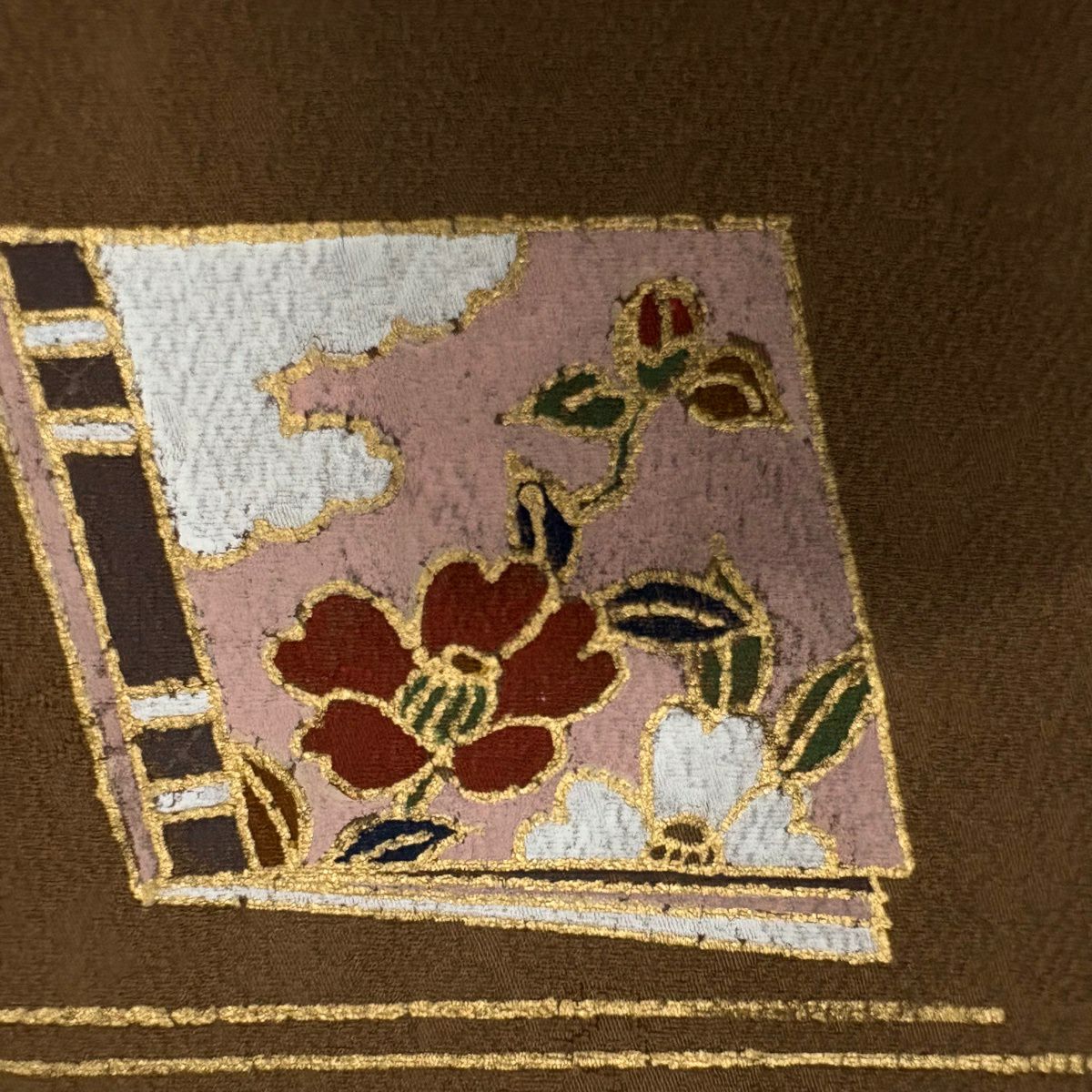 訪問服 身長160cm 袖長65cm M 雙層 枝垂櫻 冊子 金絲 金銀彩 深綠 純蠶絲 秀品級