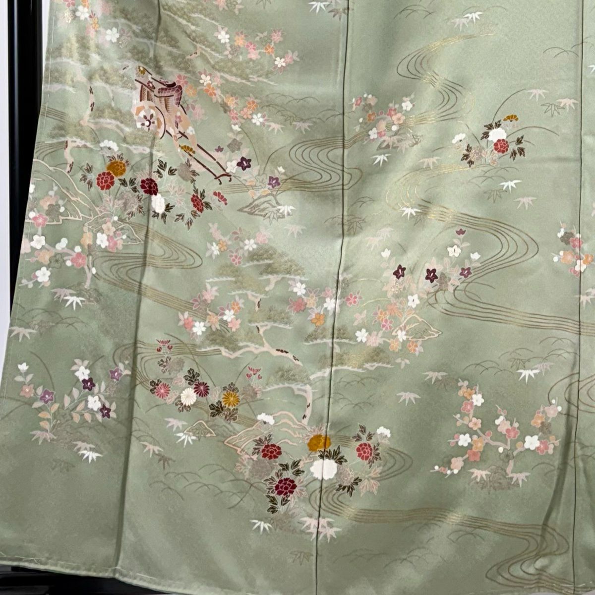訪問服 身長161cm 袖長66cm M 雙層 御所車 草花紋紋 金彩裝飾 淺綠 純蠶絲 優品級