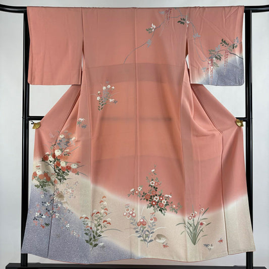 訪問服 身長151.5cm 袖長64cm M 雙層 菊花 鳥 金銀彩 漸層 粉紅 純蠶絲 秀品級