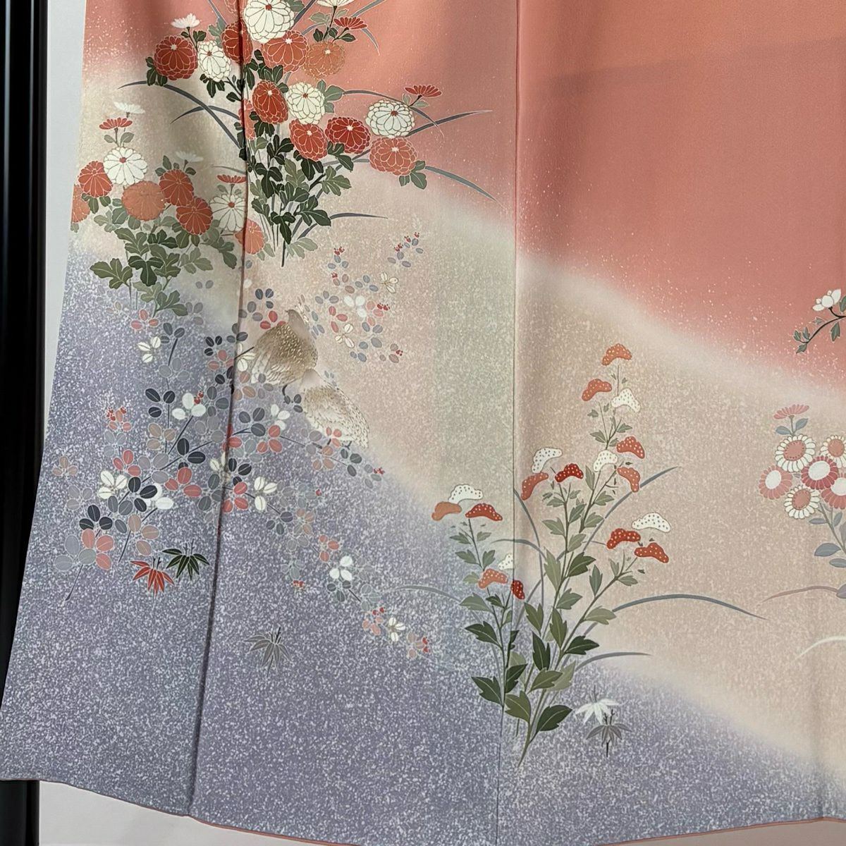 訪問服 身長151.5cm 袖長64cm M 雙層 菊花 鳥 金銀彩 漸層 粉紅 純蠶絲 秀品級