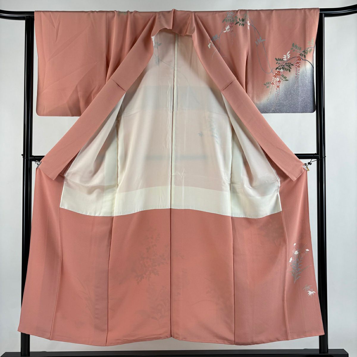 訪問服 身長151.5cm 袖長64cm M 雙層 菊花 鳥 金銀彩 漸層 粉紅 純蠶絲 秀品級