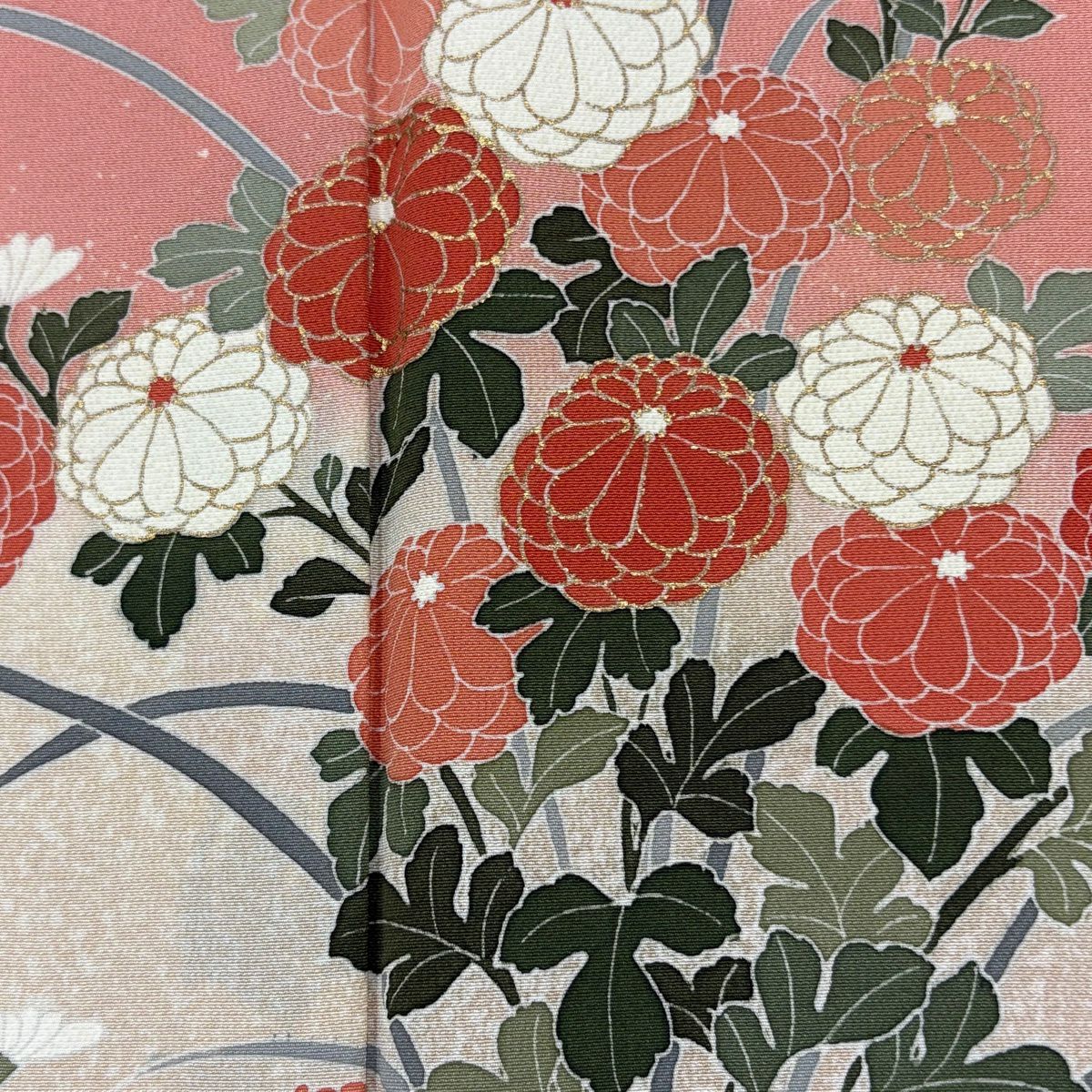 訪問服 身長151.5cm 袖長64cm M 雙層 菊花 鳥 金銀彩 漸層 粉紅 純蠶絲 秀品級