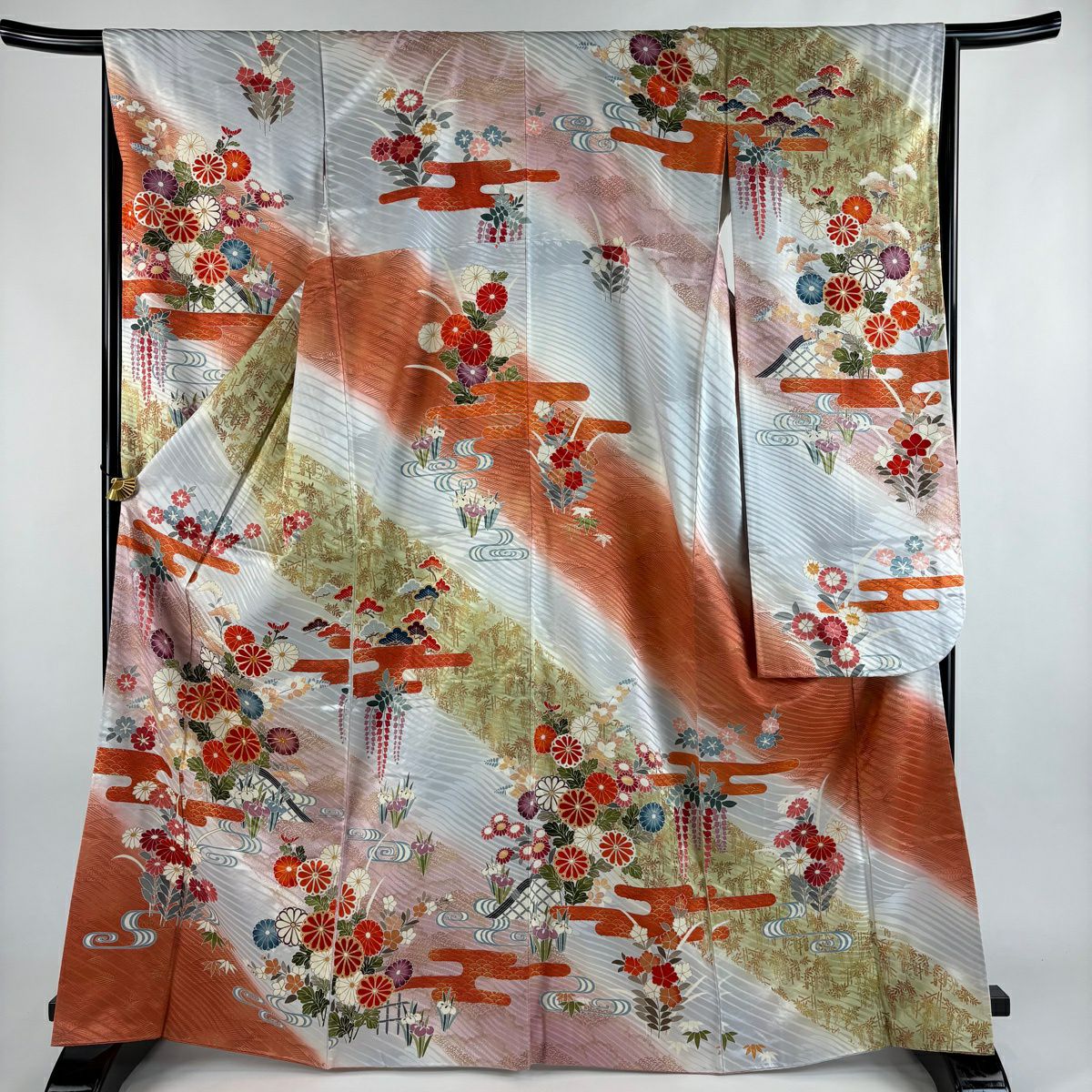 振袖禮服 身長167.5cm 袖長65.5cm M 雙層 菊花花 ヱ霞 金絲 金銀彩 青灰 純蠶絲 秀品級