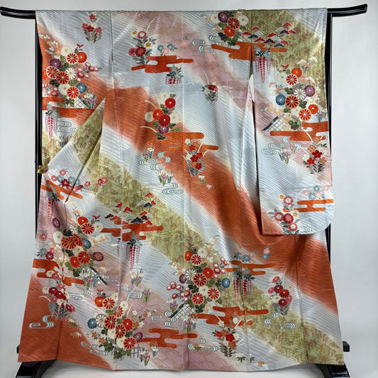 振袖禮服 身長167.5cm 袖長65.5cm M 雙層 菊花花 ヱ霞 金絲 金銀彩 青灰 純蠶絲 秀品級