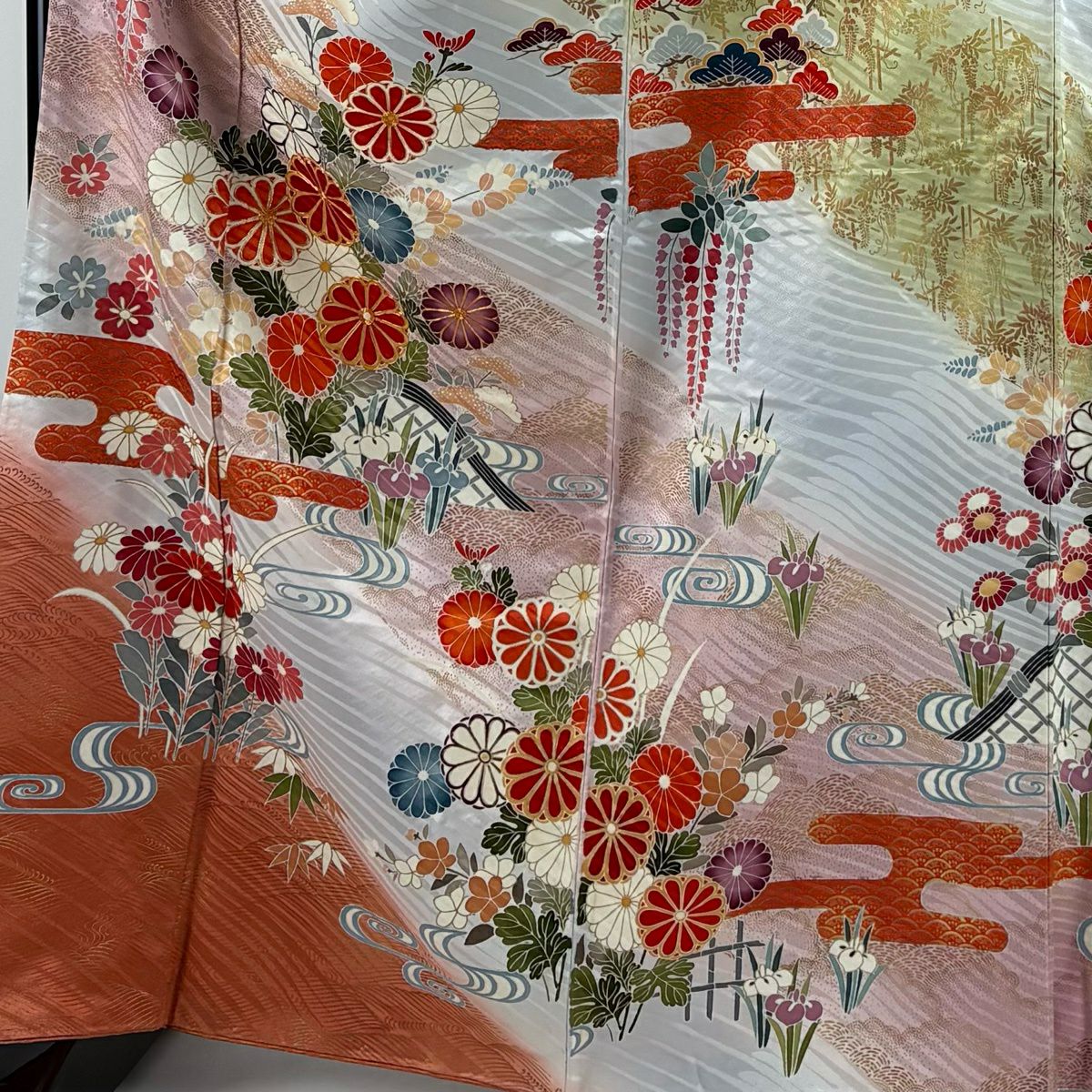 振袖禮服 身長167.5cm 袖長65.5cm M 雙層 菊花花 ヱ霞 金絲 金銀彩 青灰 純蠶絲 秀品級