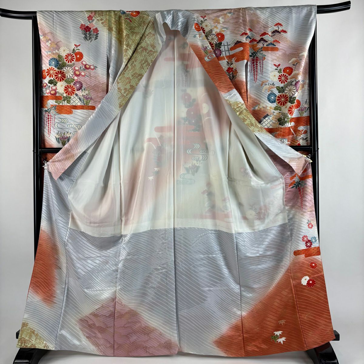 振袖禮服 身長167.5cm 袖長65.5cm M 雙層 菊花花 ヱ霞 金絲 金銀彩 青灰 純蠶絲 秀品級