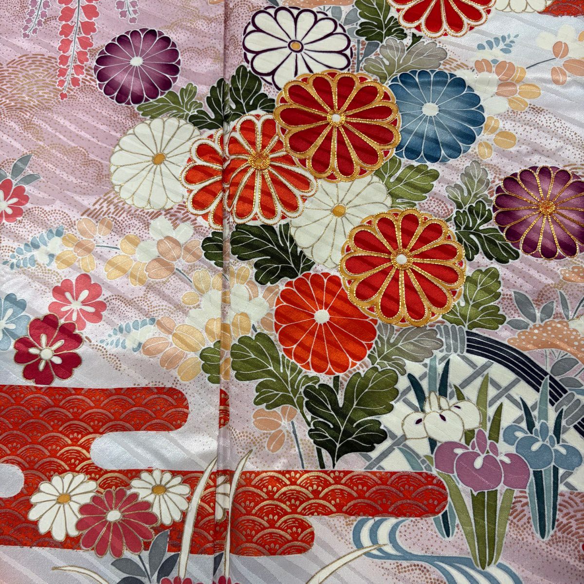 振袖禮服 身長167.5cm 袖長65.5cm M 雙層 菊花花 ヱ霞 金絲 金銀彩 青灰 純蠶絲 秀品級