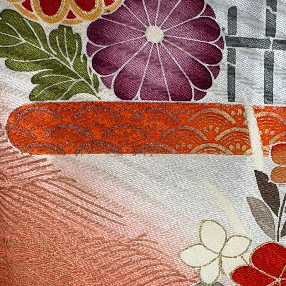 振袖禮服 身長167.5cm 袖長65.5cm M 雙層 菊花花 ヱ霞 金絲 金銀彩 青灰 純蠶絲 秀品級