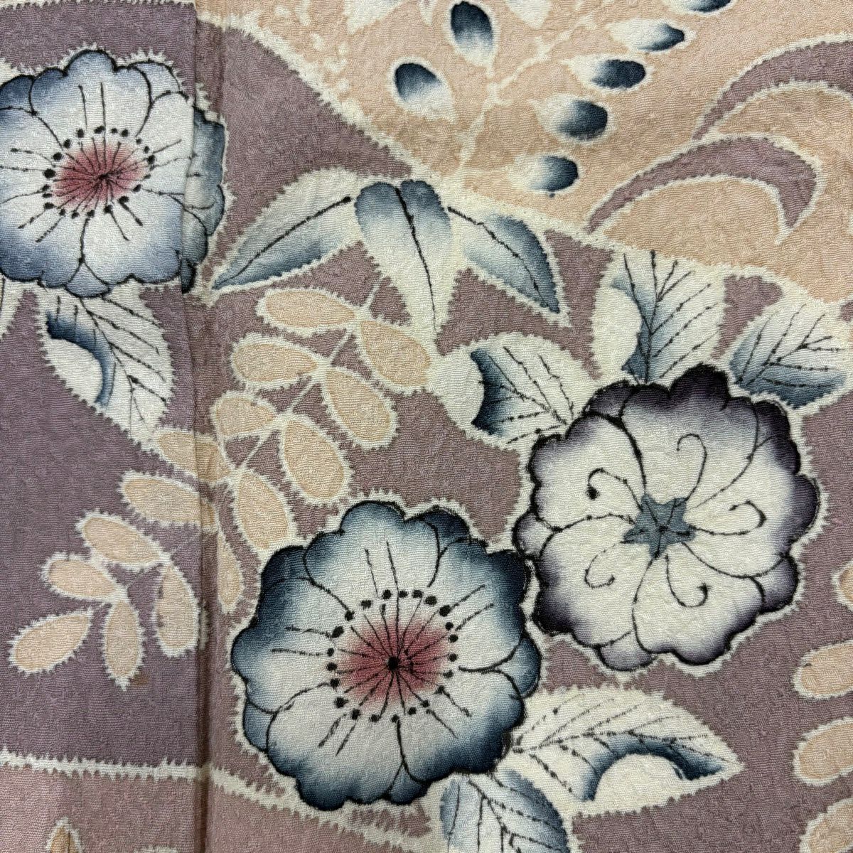 訪問服 身長160cm 袖長66cm M 雙層 落款有 草花紋紋 霞 青灰 純蠶絲 秀品級