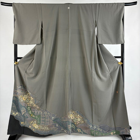 色留袖禮服 身長165cm 袖長67.5cm L 雙層 落款あり 辻花染 松樹皮菱 金銀彩 染分 灰綠 純蠶絲 秀品級 一つ紋