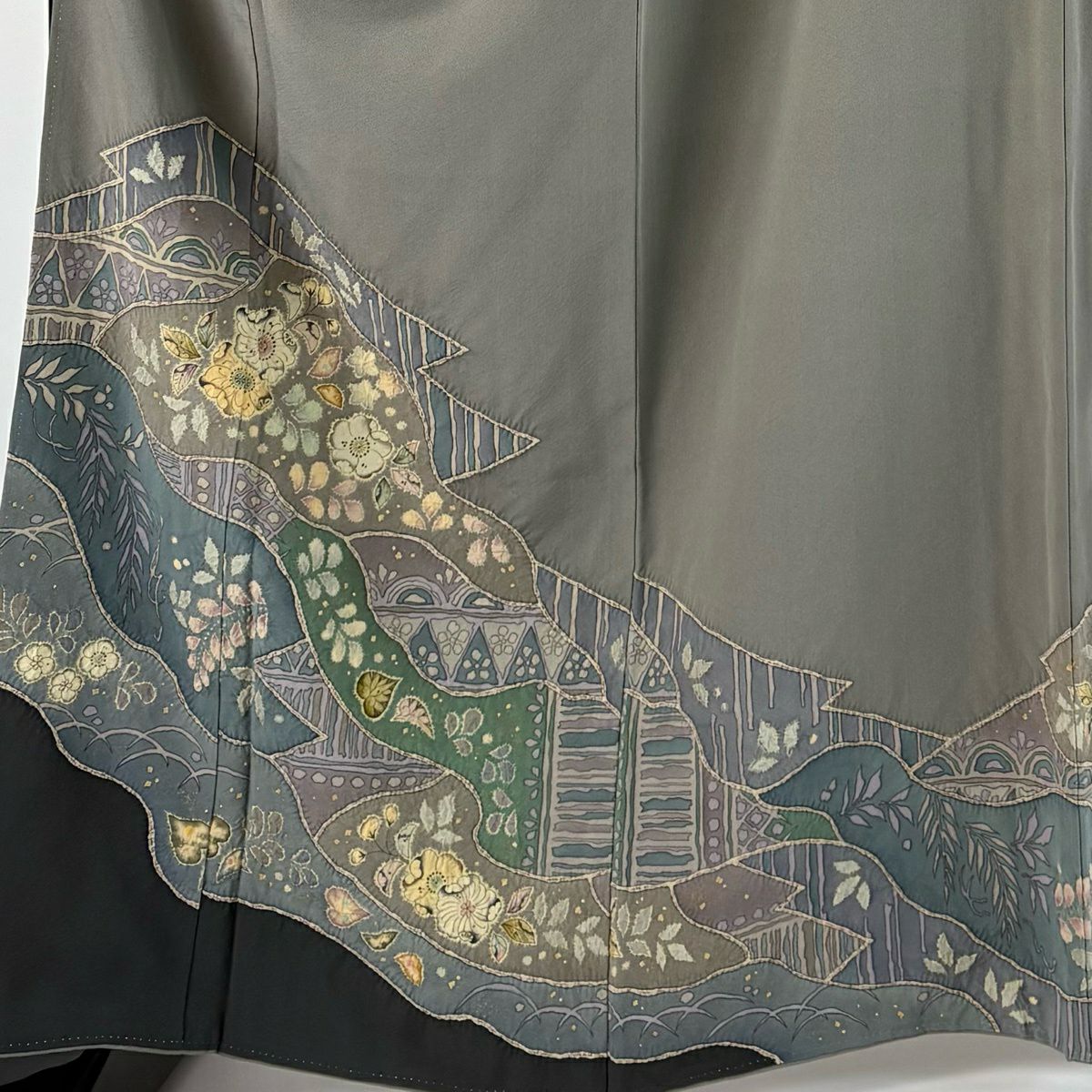 色留袖禮服 身長165cm 袖長67.5cm L 雙層 落款あり 辻花染 松樹皮菱 金銀彩 染分 灰綠 純蠶絲 秀品級 一つ紋