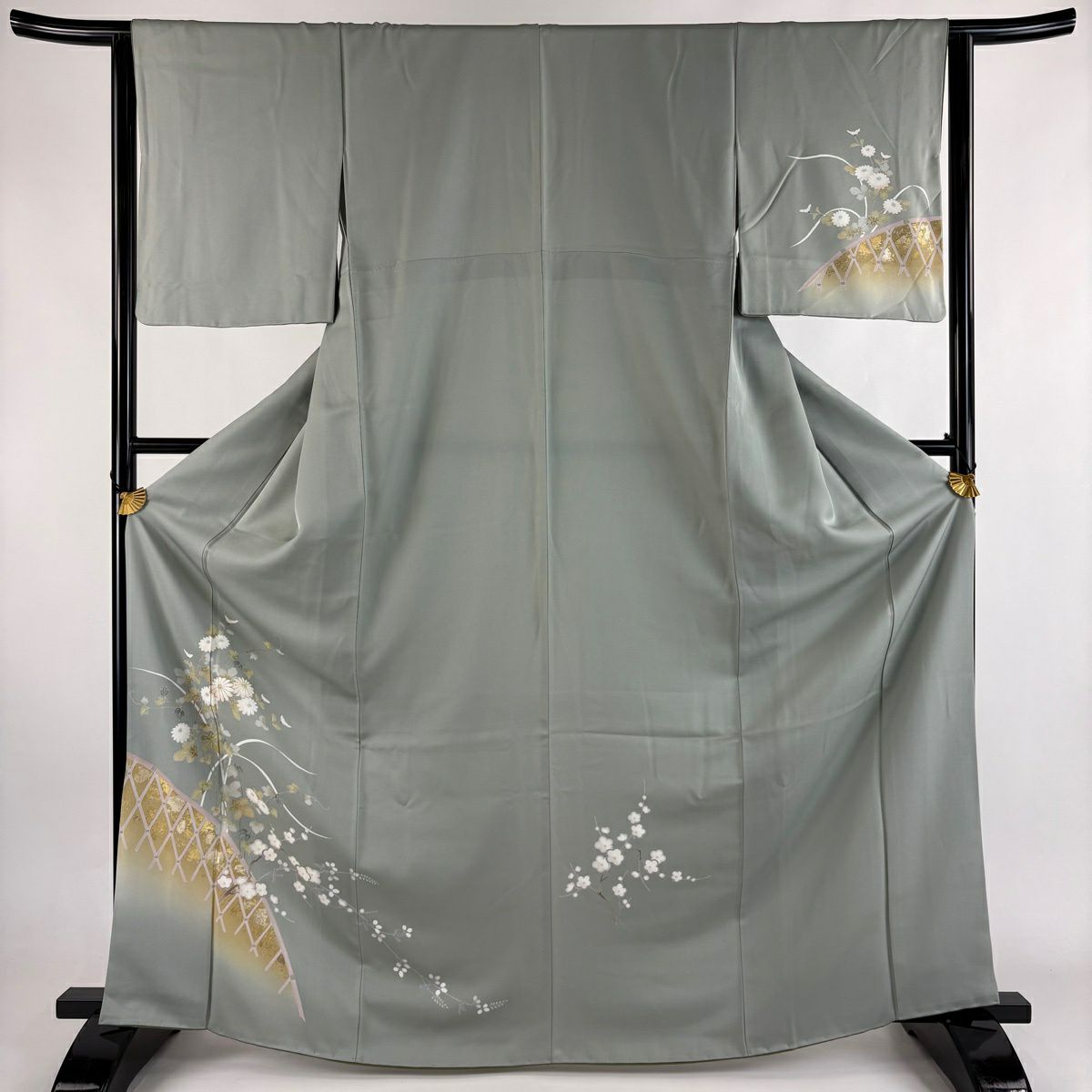 付下 身長166cm 袖長63.5cm S 雙層 菊花 光悅垣 金銀彩 漸層 淺綠 純蠶絲 優品級
