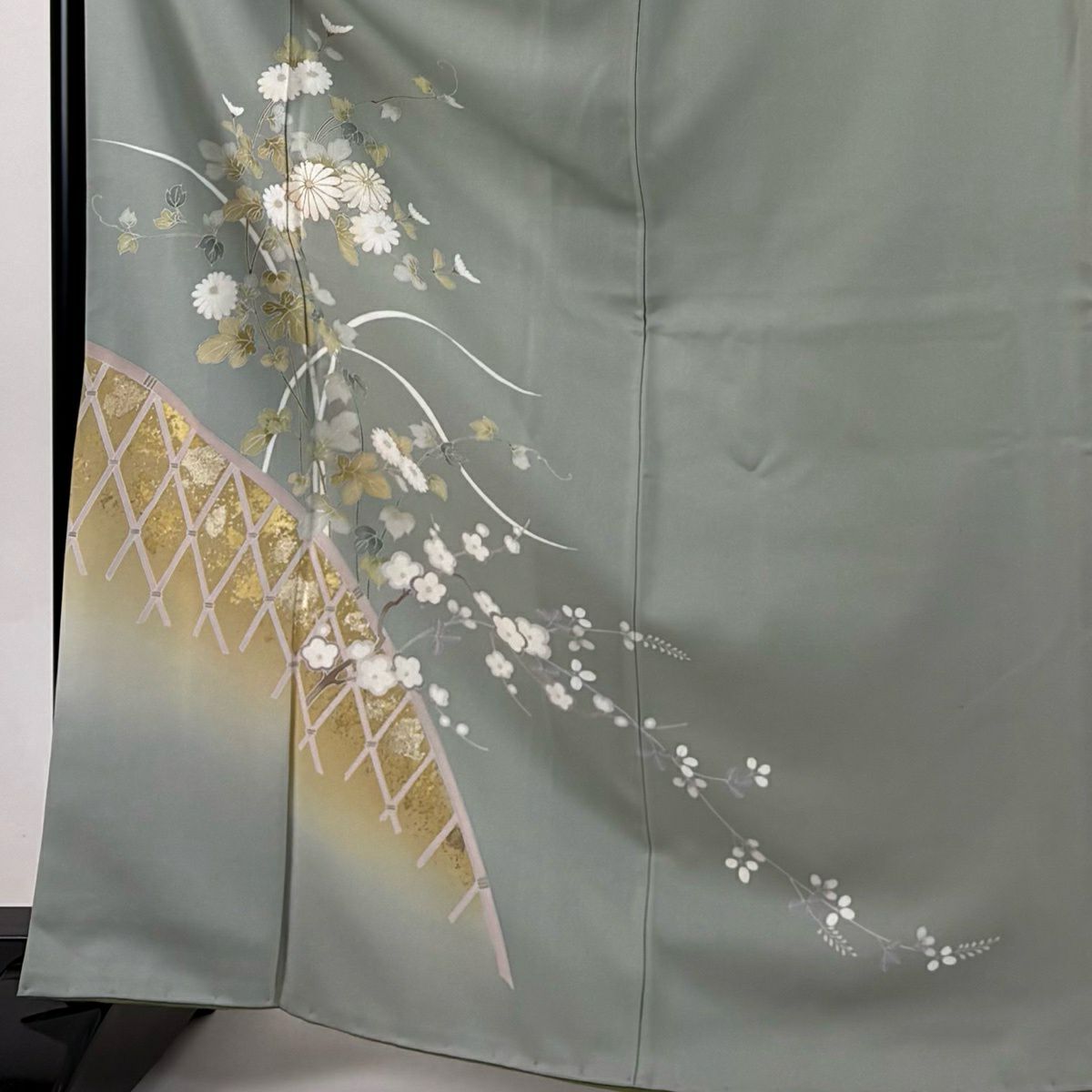 付下 身長166cm 袖長63.5cm S 雙層 菊花 光悅垣 金銀彩 漸層 淺綠 純蠶絲 優品級