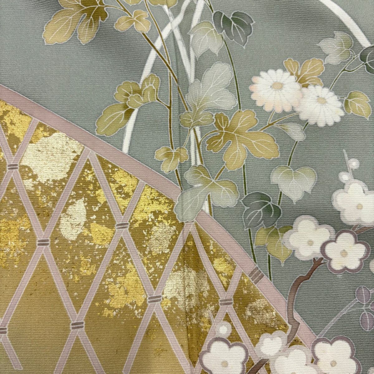 付下 身長166cm 袖長63.5cm S 雙層 菊花 光悅垣 金銀彩 漸層 淺綠 純蠶絲 優品級
