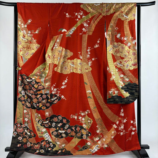 振袖禮服 身長163.5cm 袖長63cm S 雙層 寶盡くし 梅花 金絲 金銀彩 朱 純蠶絲 優品級