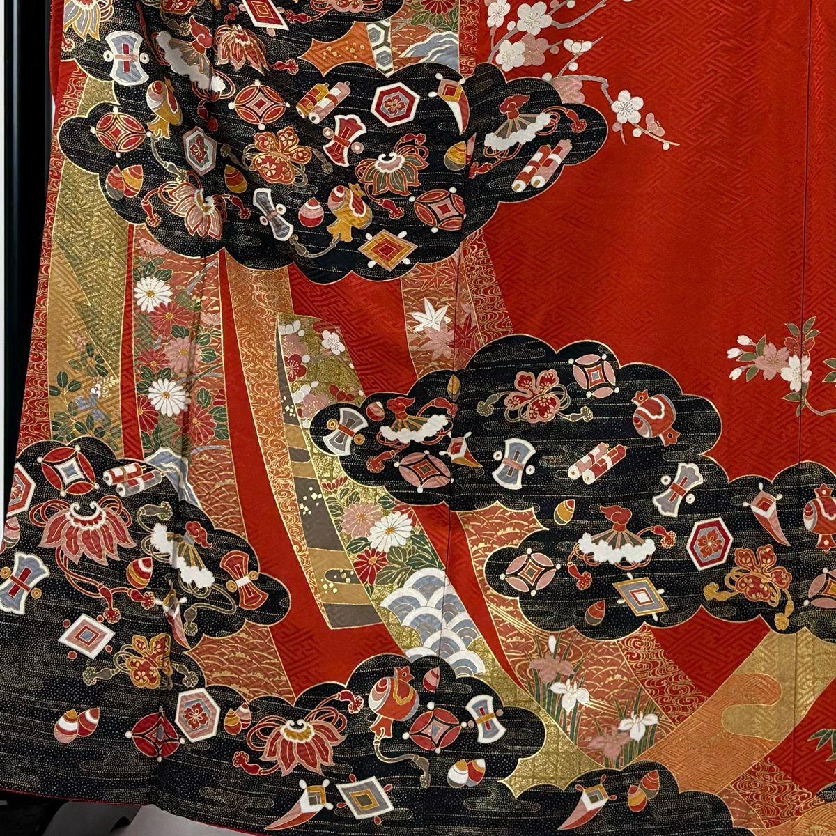振袖禮服 身長163.5cm 袖長63cm S 雙層 寶盡くし 梅花 金絲 金銀彩 朱 純蠶絲 優品級