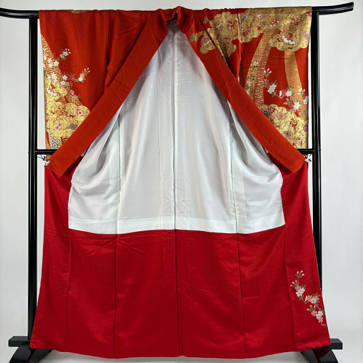 振袖禮服 身長163.5cm 袖長63cm S 雙層 寶盡くし 梅花 金絲 金銀彩 朱 純蠶絲 優品級